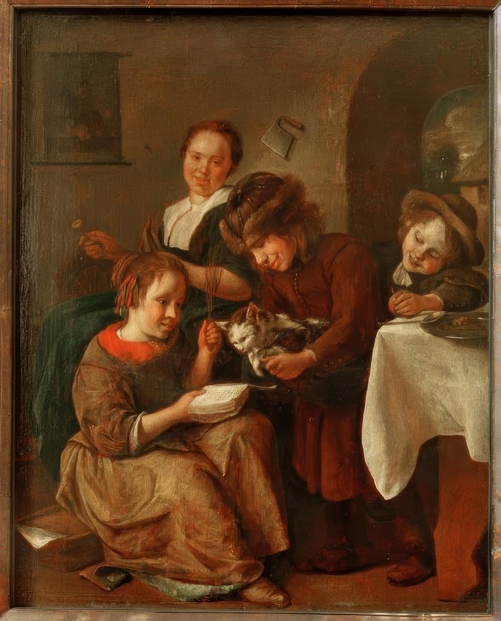 Barn lærer en katt å lese av Jan Havickszoon Steen