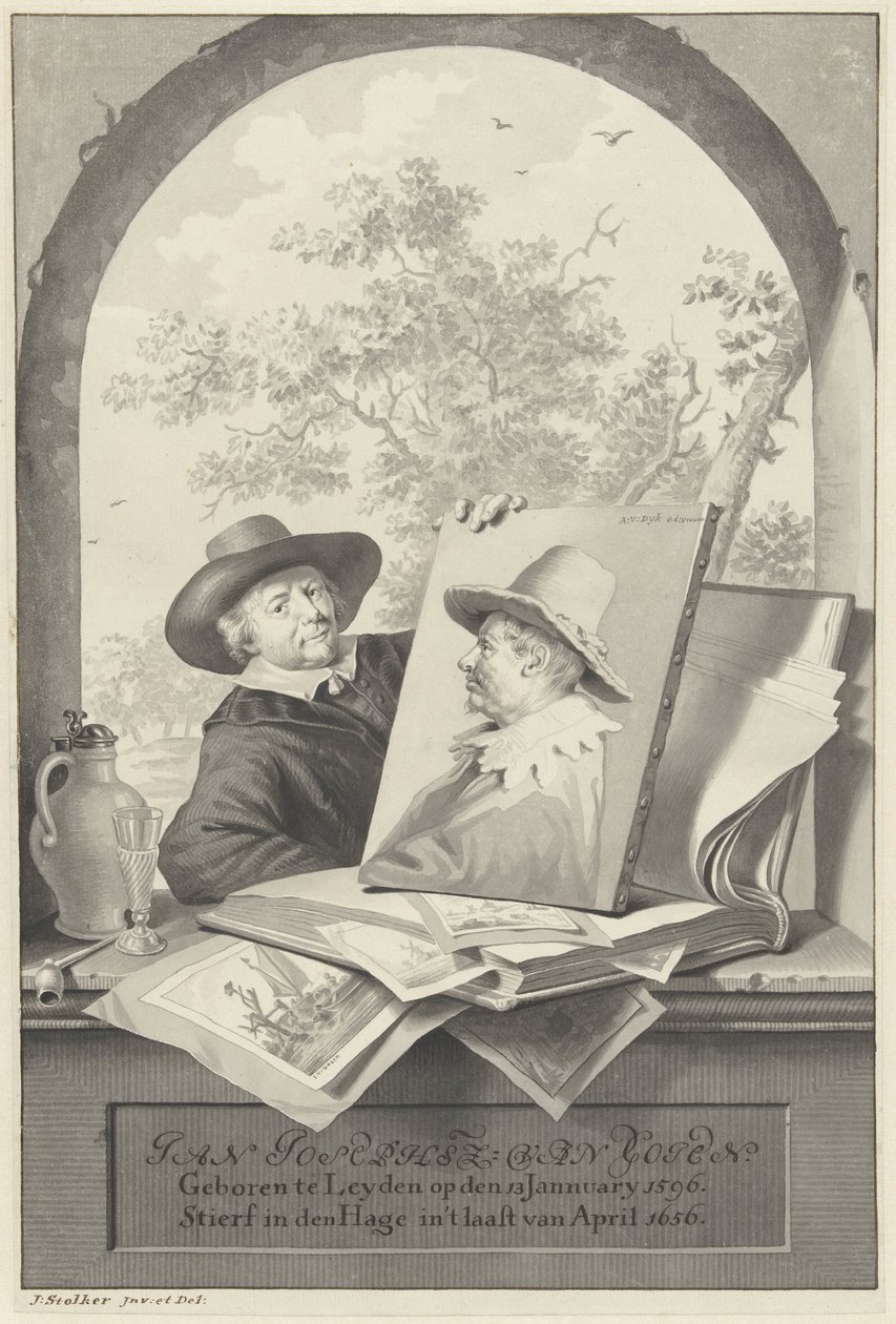 Mann med en mappe med tegninger og et portrett av Jan van Goyen av Jan Stolker