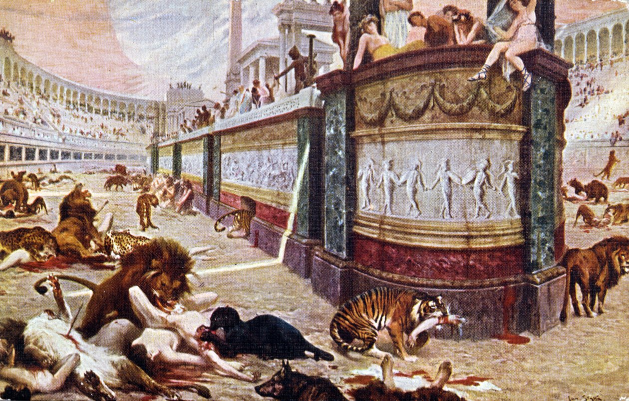 Postkort som viser de blodige lekene på arenaen i Roma, illustrasjon fra 