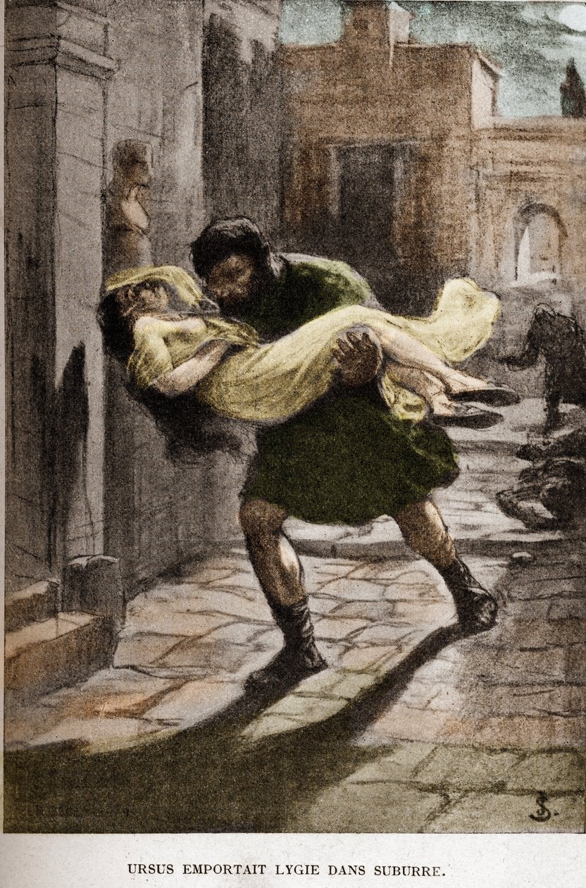 Ursus tok Lygie i suburre (kapittel X) illustrasjon av JAN STYKA (1858-1925) for Henryk Sienkiewiczs roman "Quo Vadis". av Jan Styka