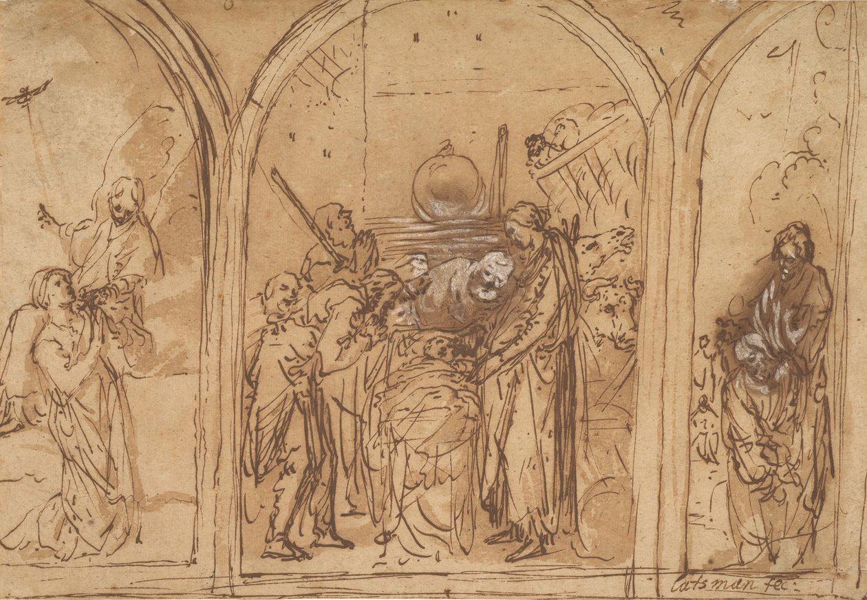 Et design for en triptyk med tilbedelsen av de to hellige, tidlig på 1600-tallet. av Jan Symonsz. Pynas