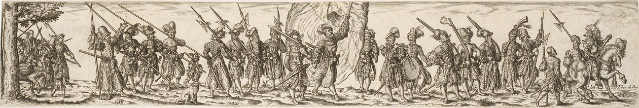Soldattog, i midten en fanebærer av Jan Theodor de Bry