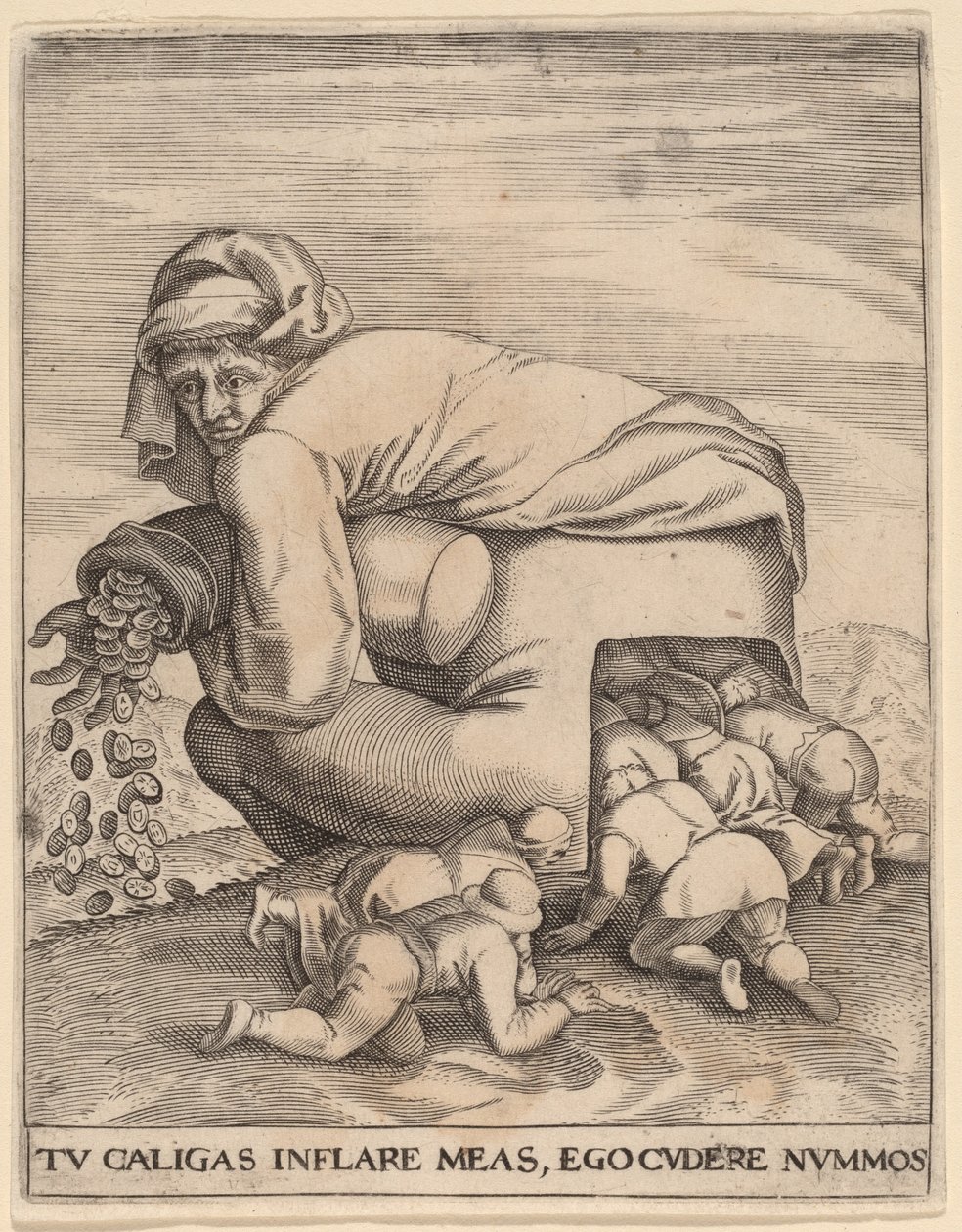 Mannen med pengesekken og smigrene hans av Jan Theodor de Bry after Pieter Bruegel the Elder