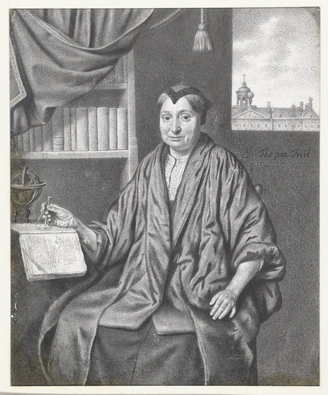 Portrett av en eldre kvinne, sittende med astronomiske instrumenter av Jan Thopas
