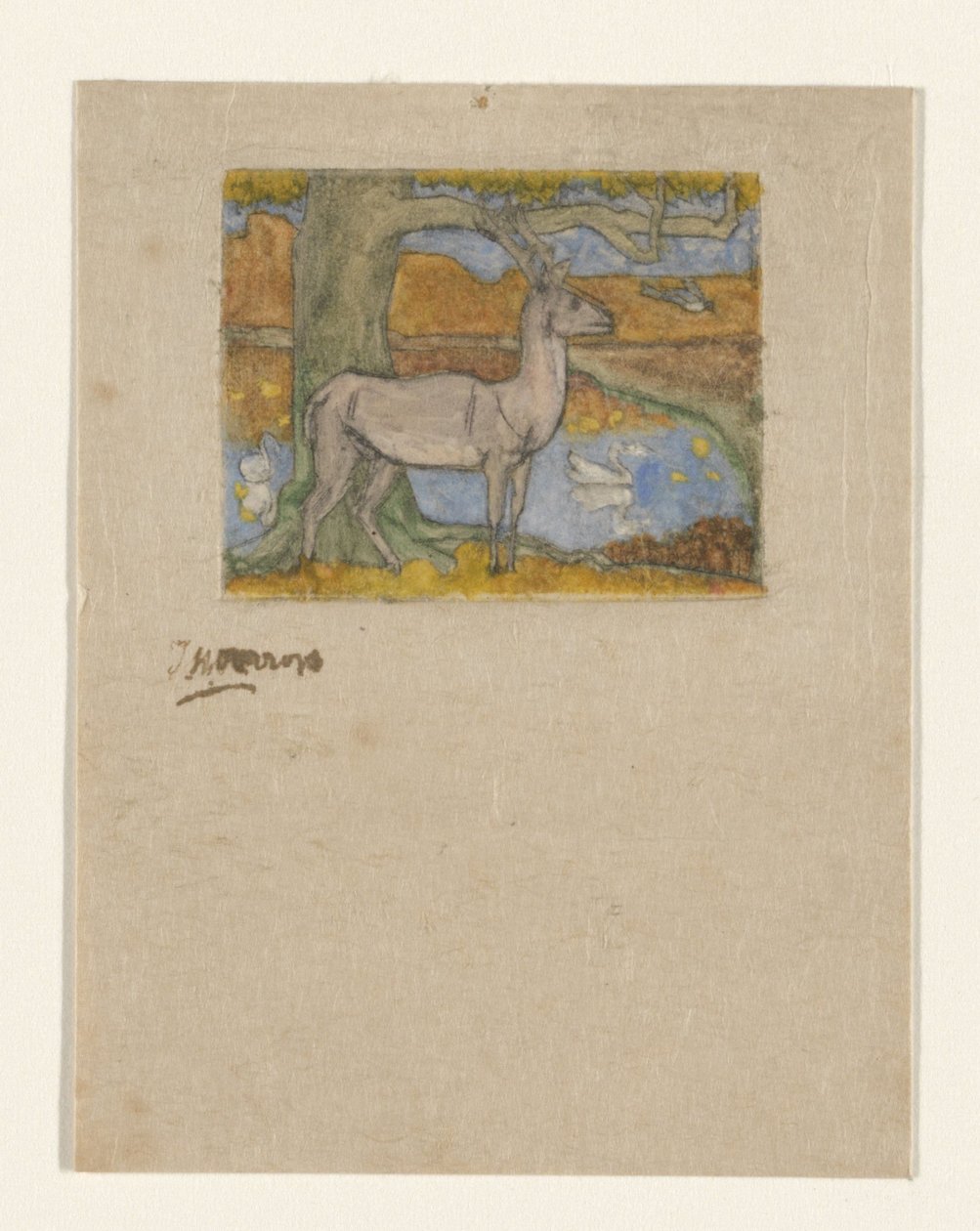 Hjort nær et tre foran en dam Hjort nær et tre (original tittel) av Jan Toorop (signed by artist)