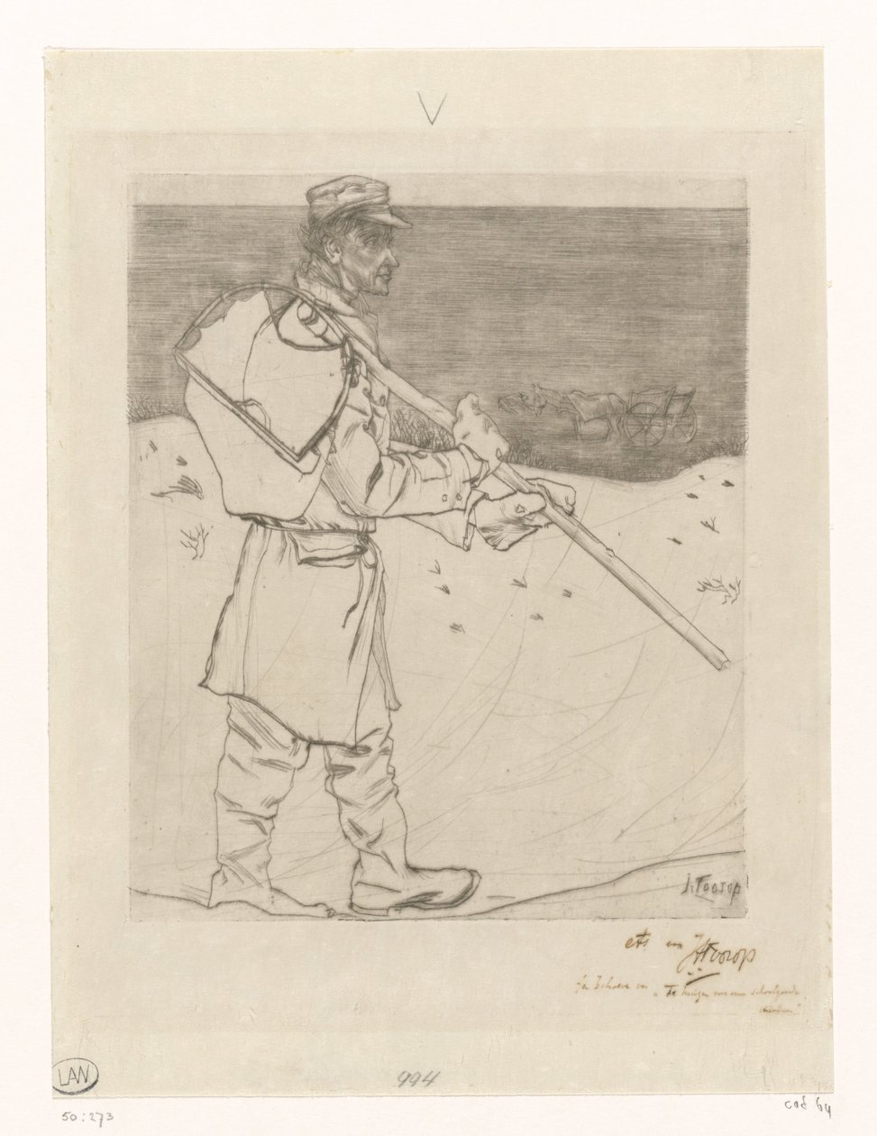 Skjellfisker med garn på stranden ved Katwijk aan Zee Skjellfiskeren (original tittel) av Jan Toorop (signed by artist)