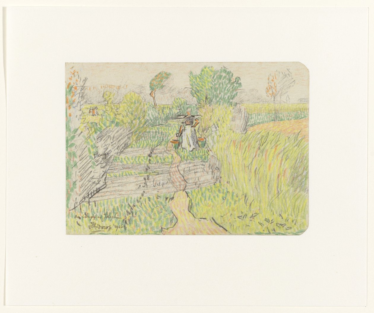 Bondekvinne med åk med melkespann på skuldrene, går gjennom en kornåker av Jan Toorop