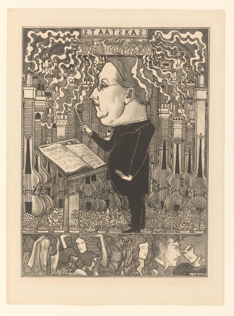 Dirigent med fioliner og rykende skorsteiner bak The State Treasury / The Hearth Cities (original tittel) av Jan Toorop
