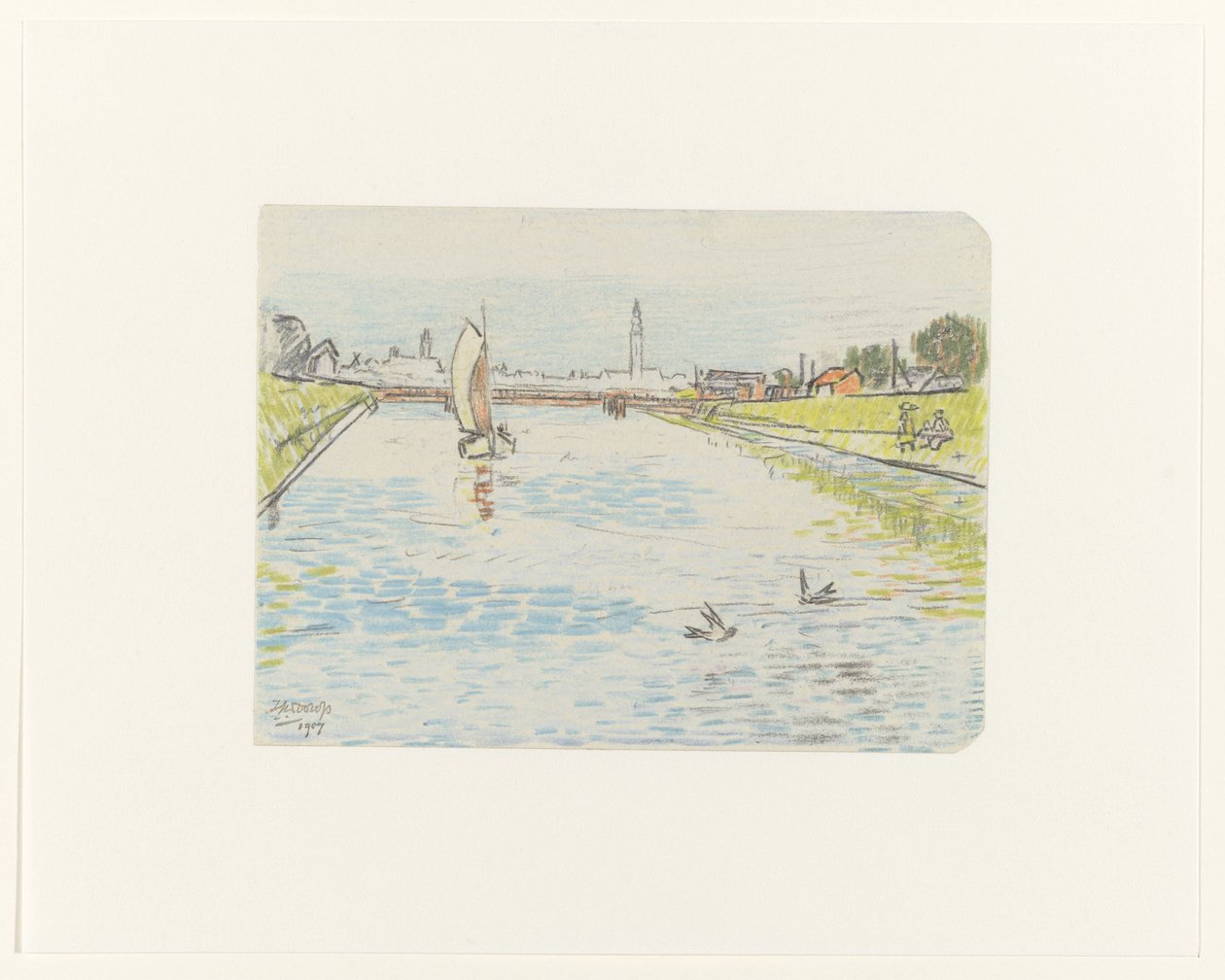 Utsikt over en kanal med et seilskip av Jan Toorop