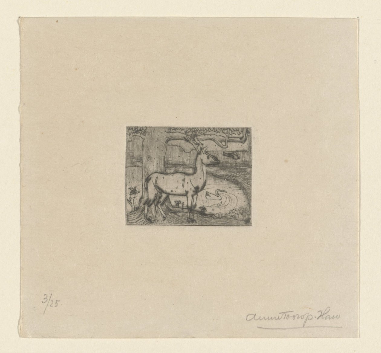 Hjort nær et tre foran en dam Hjort nær et tre (original tittel) av Jan Toorop