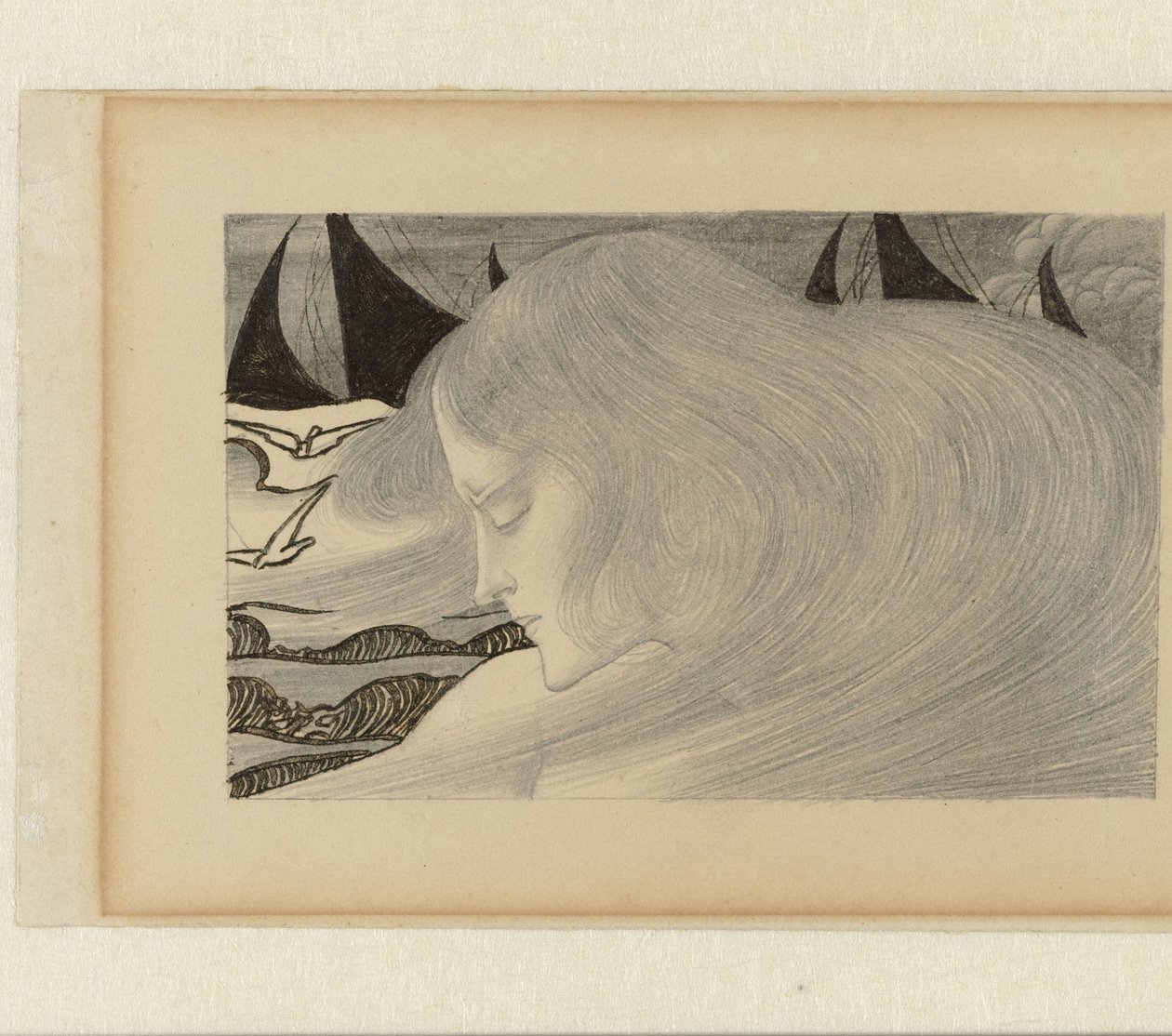 Ung kvinne med bølget hår foran et hav med skip av Jan Toorop