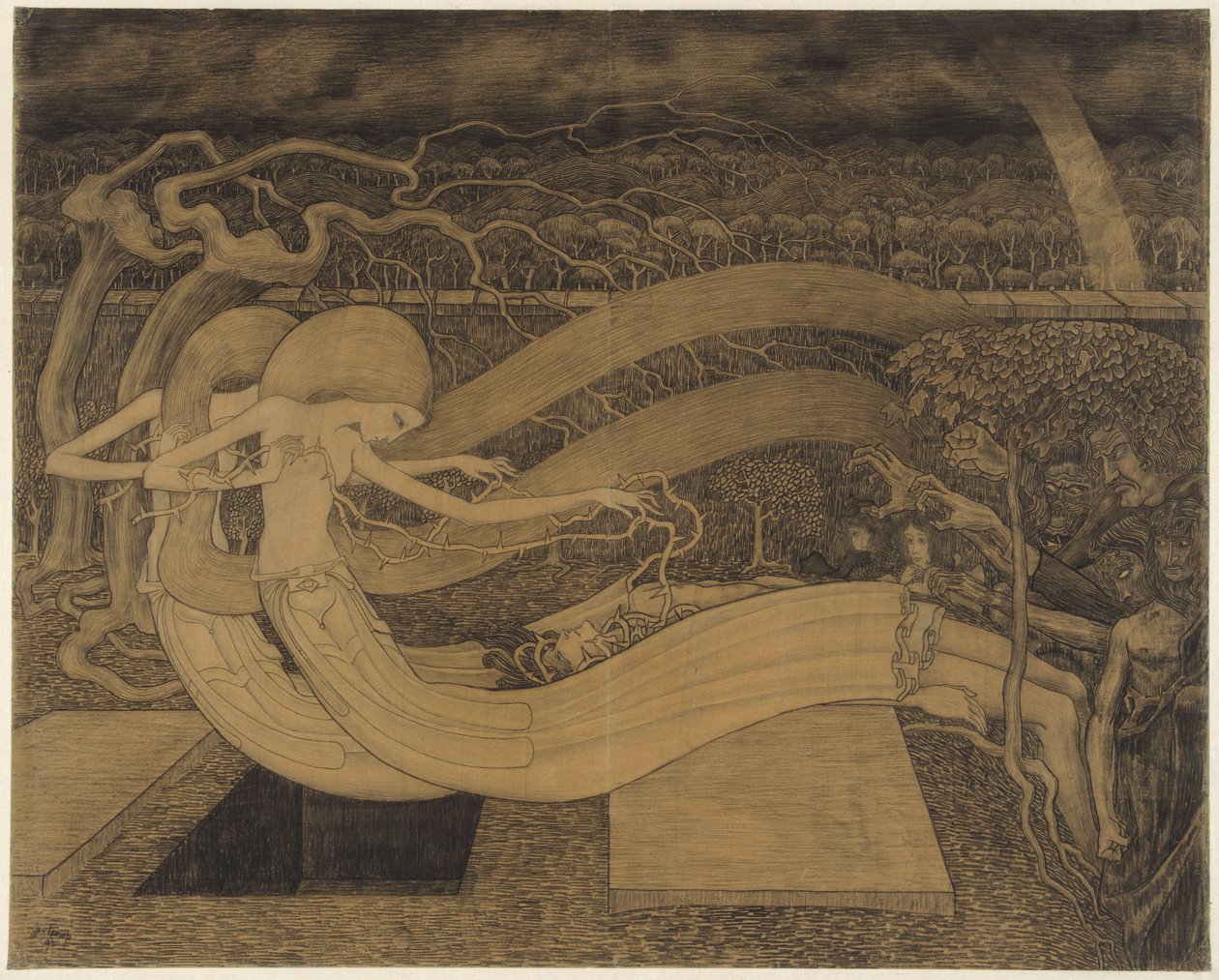 O grav, hvor er din seier? To kvinner ved siden av en mann og en åpen grav O grav, hvor er din seier av Jan Toorop