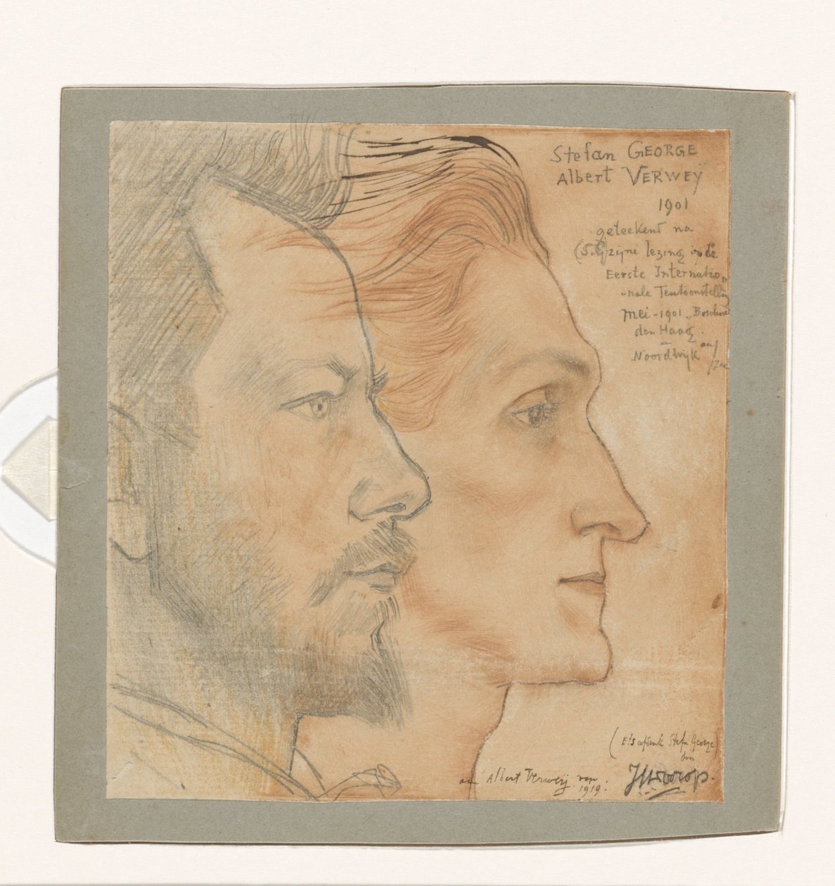 Portretter av Albert Verwey og Stefan George Portrett av Stefan George med tegnet portrett av Albert Verwey av Jan Toorop