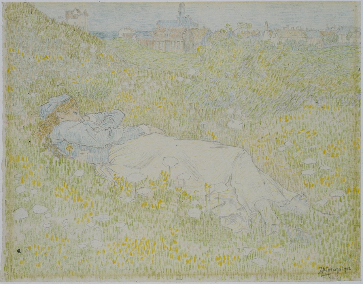 Kvinne som ligger i sanddynene nær Noordwijk Jente som ligger i gresset med silhuetten av Noordwijk i bakgrunnen av Jan Toorop
