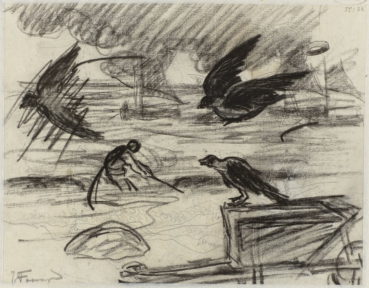 Sjølandskap med fisker, i forgrunnen en trillebår med fugler av Jan Toorop