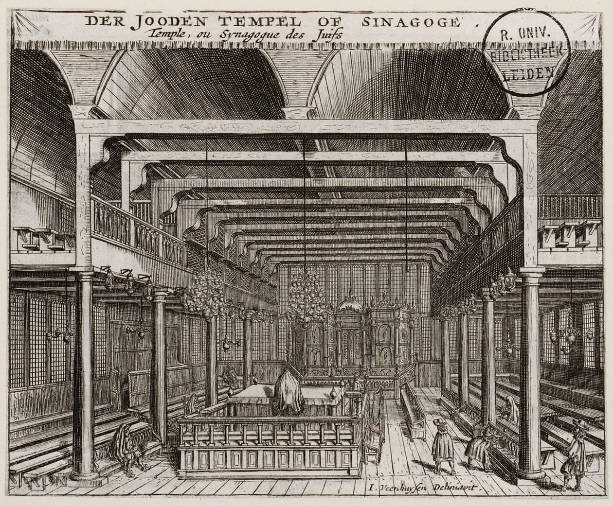 Interiør i den portugisiske synagogen i Amsterdam av Jan Veenhuysen