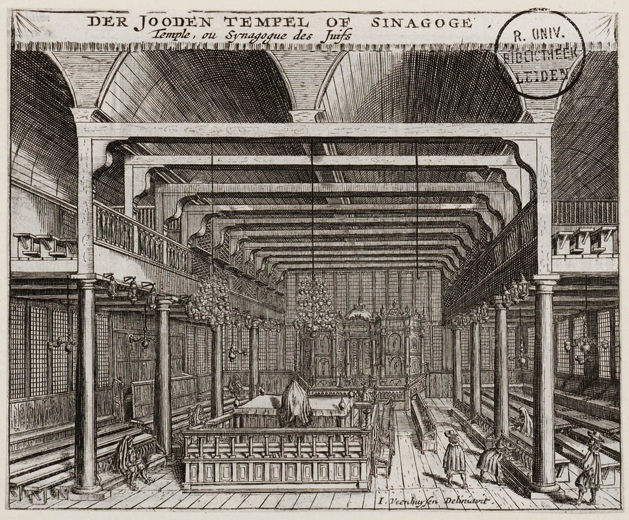 Interiør i den portugisiske synagogen i Amsterdam - Veenhuysen, Jan (aktiv 1656-1685) - Kobberstikk - 11,2x13,7 - Leiden universitetsbibliotek av Jan Veenhuysen