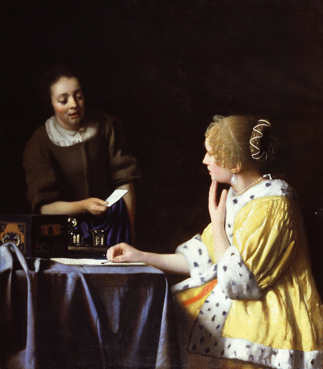 Dame med sin tjenestepike som holder et brev av Jan Vermeer van Delft