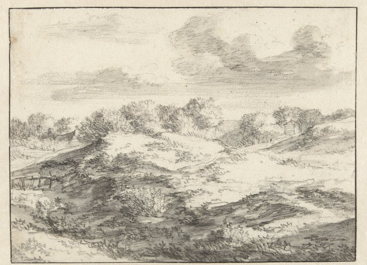 Dunelandskap, med en hytte i det fjerne av Jan Vermeer van Haarlem (I) (attributed to)