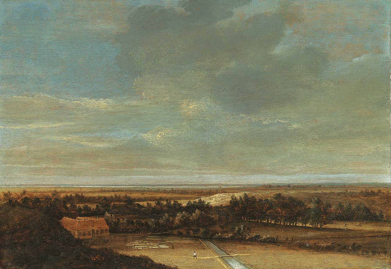 Et omfattende sanddynelandskap med våningshus og blekeplass av Jan Vermeer van Haarlem
