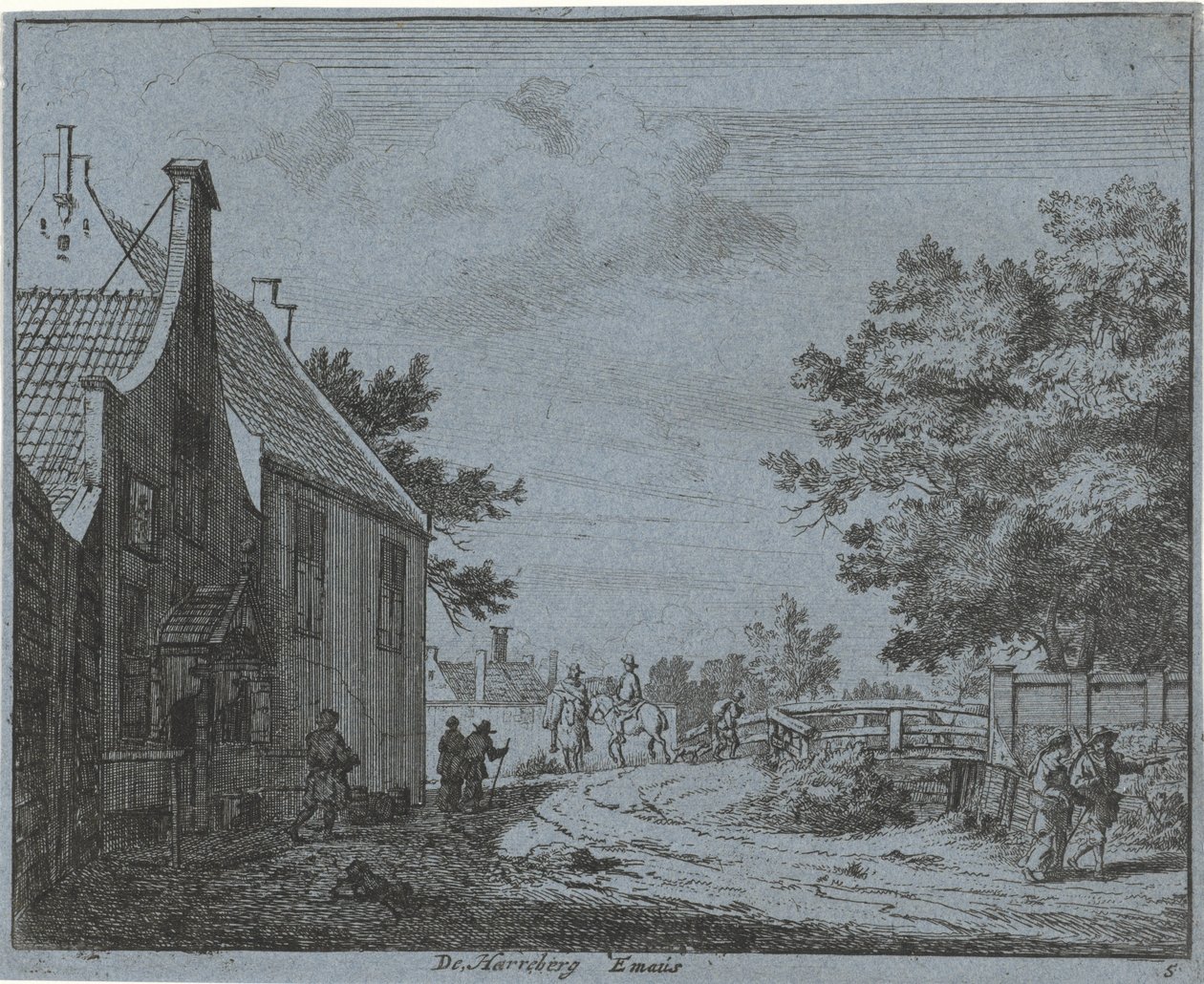 Utsikt over vertshuset Emaus Harreberg Emaus (tittel på objekt) Landskap i Haarlem-området (serietittel) Gesigten utenfor Haarlem, Utført av. J.V.V. (serietittel på objekt) av Jan Vincentsz. van der Vinne