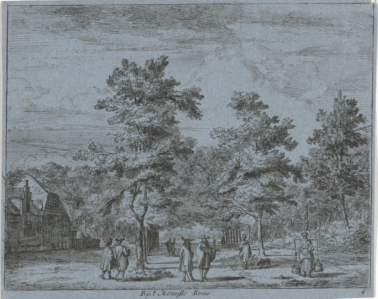 Vandrende figurer på en allé At the Menniste Bosie (tittel på objekt) Landskap i Haarlem-området (serietittel) Gesigten Buijten Haarlem (serietittel) av Jan Vincentsz. van der Vinne
