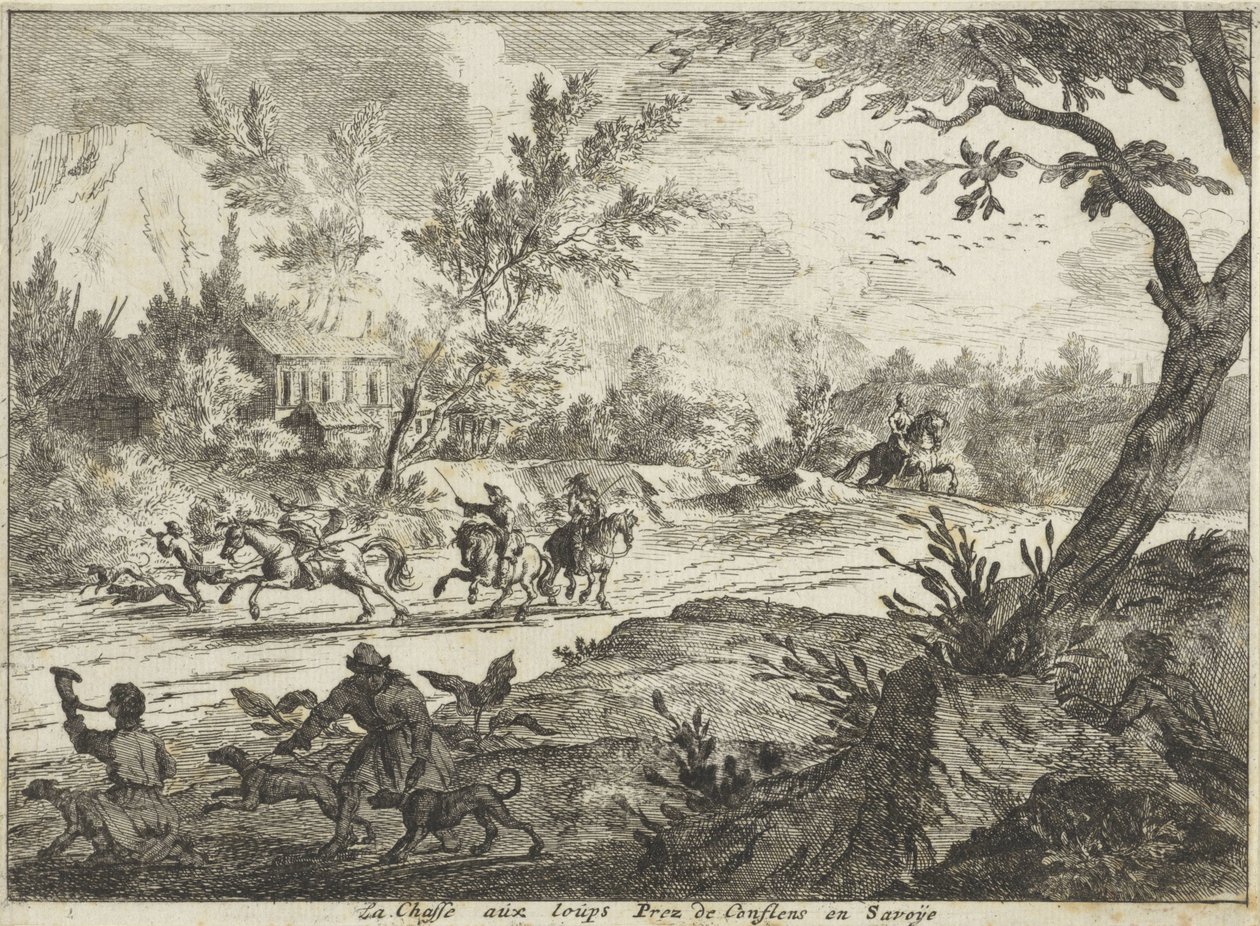 Ulvejakt i Conflans, Savoie La Chasse aux Loups Prez de Conflans en Savoije (tittel på objekt) Faces in Savoie (serietittel) av Jan Vincentsz. van der Vinne