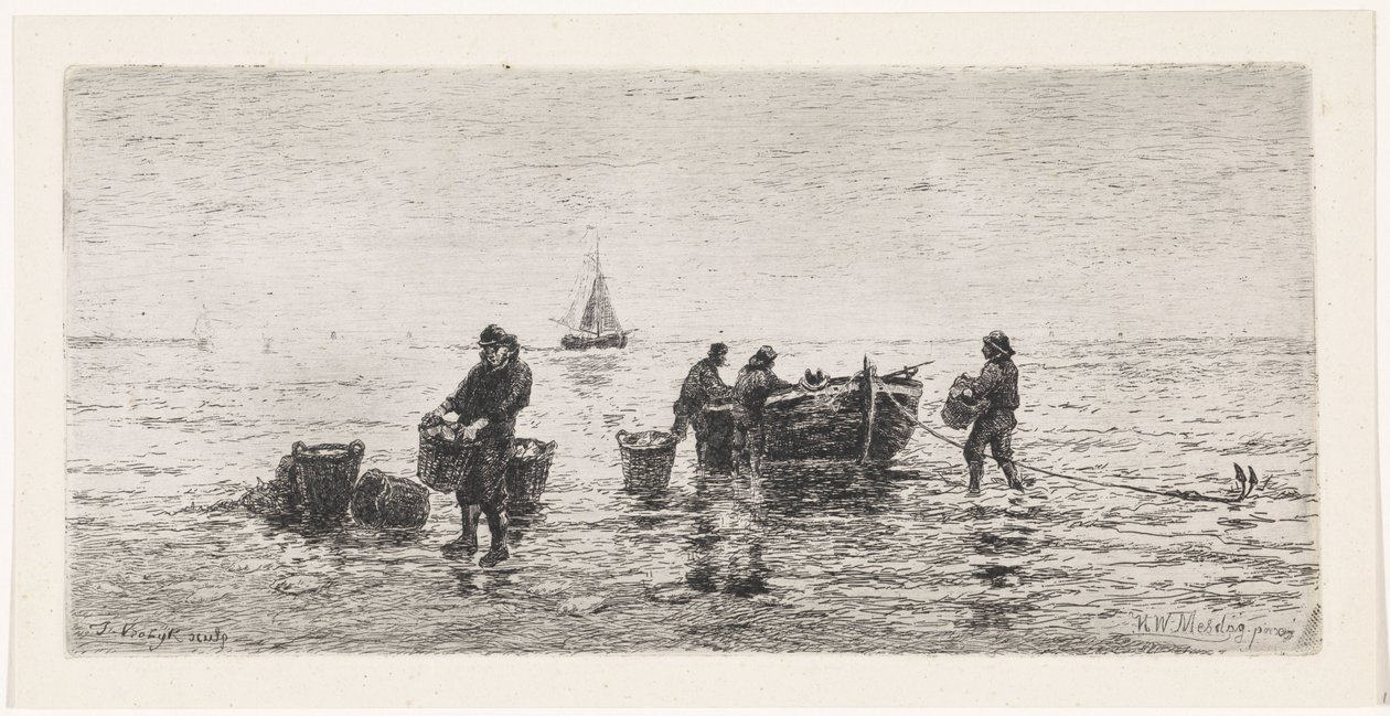 Fiskere tømmer en slupp på stranden av Johannes Martinus Vrolijk