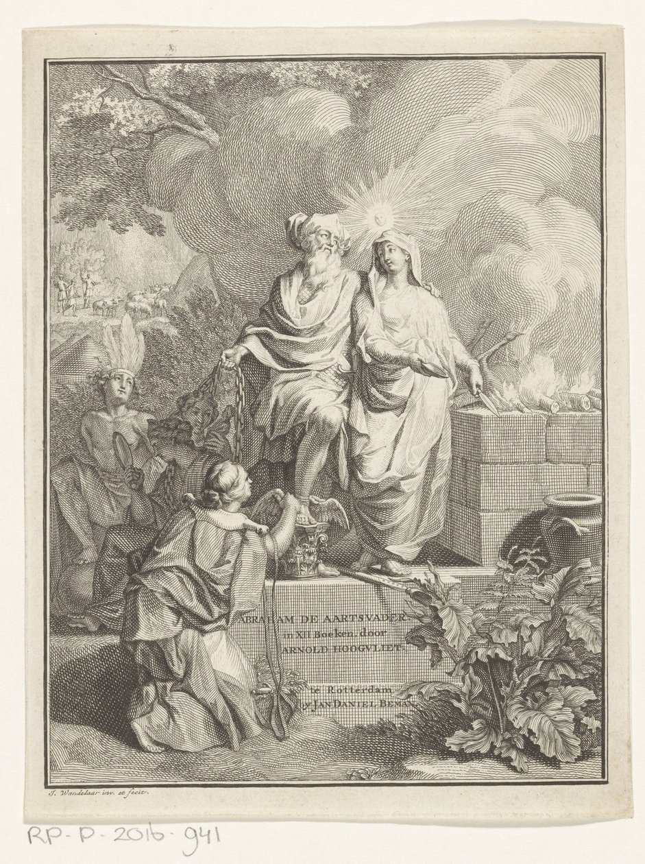 Allegorisk tittelside med patriark Abraham og sannhet Tittelside for: Arnold Hoogvliet, Abraham patriarken, i XII Boeken, 1728 av Jan Wandelaar
