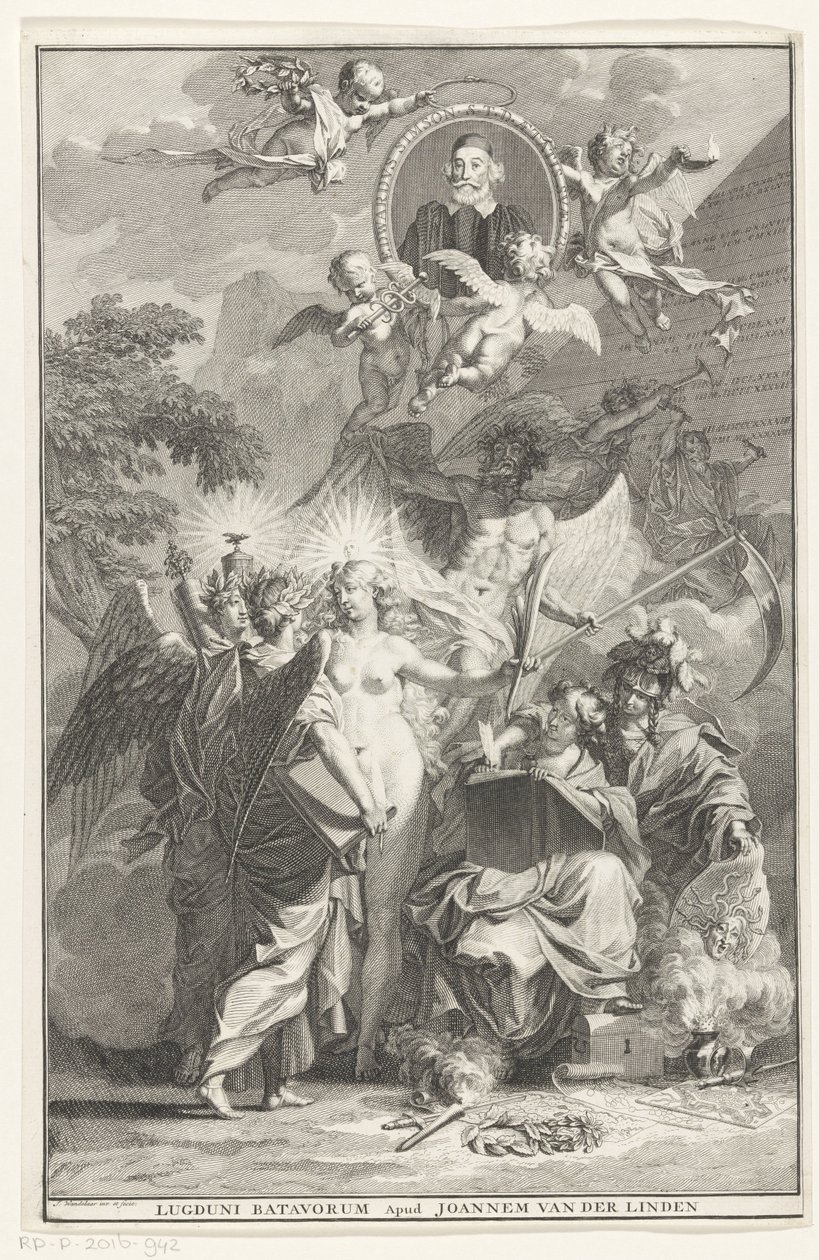 Allegorisk tittelside med portrettet av forfatteren Edward Simson Tittelside for: Edward Simson, Chronicon historiam catholicam complectens, 1729 av Jan Wandelaar