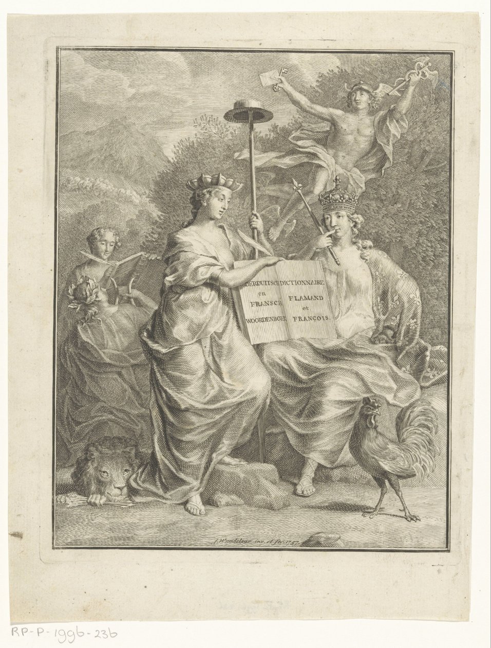 Personifikasjoner av de østerrikske Nederlandene og Frankrike lavtysk og fransk ordbok / Dictionnaire Flamand et François (tittel på objekt) Tittelside for: François Halma, Het Groot Fransch en Nederduitsch ordbok, 1761 av Jan Wandelaar