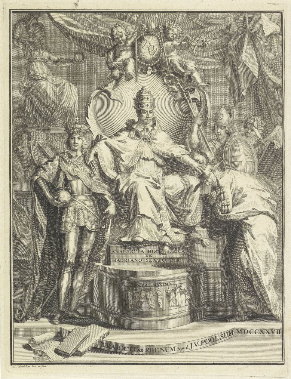Tronet av pave Adrian VI Tittelside for: Burmann, Kasper Hadrianus VI eller den historiske anacletaen til Hadrianus den sjette romerske paven, 1727 av Jan Wandelaar