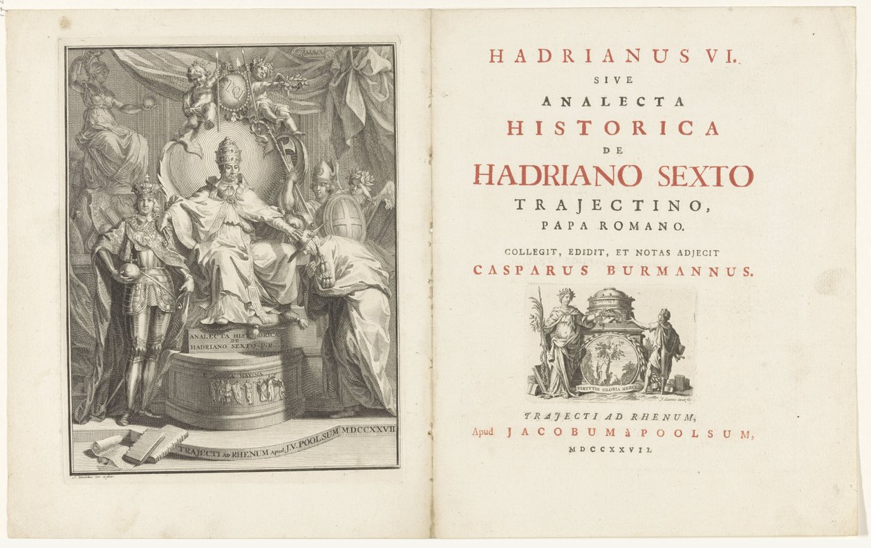 På tronen, Adrian VI Tittelside for: Kaspar Burmann, Hadrianus VI, sive analecta historica de Hadriano Sextus Trajectino, romersk pave, 1727 av Jan Wandelaar