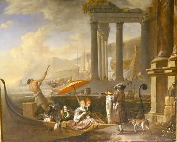 Klassisk havneby med et ødelagt tempel (olje på lerret) av Jan Baptist Weenix