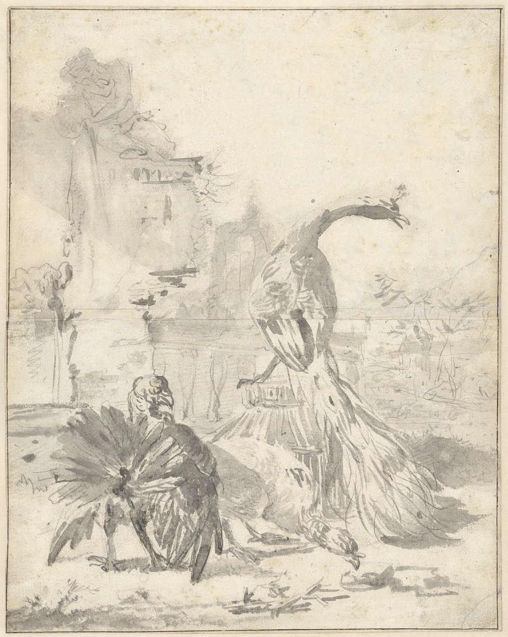 Hoenderhof med en påfugl og to kalkuner av Jan Baptist Weenix