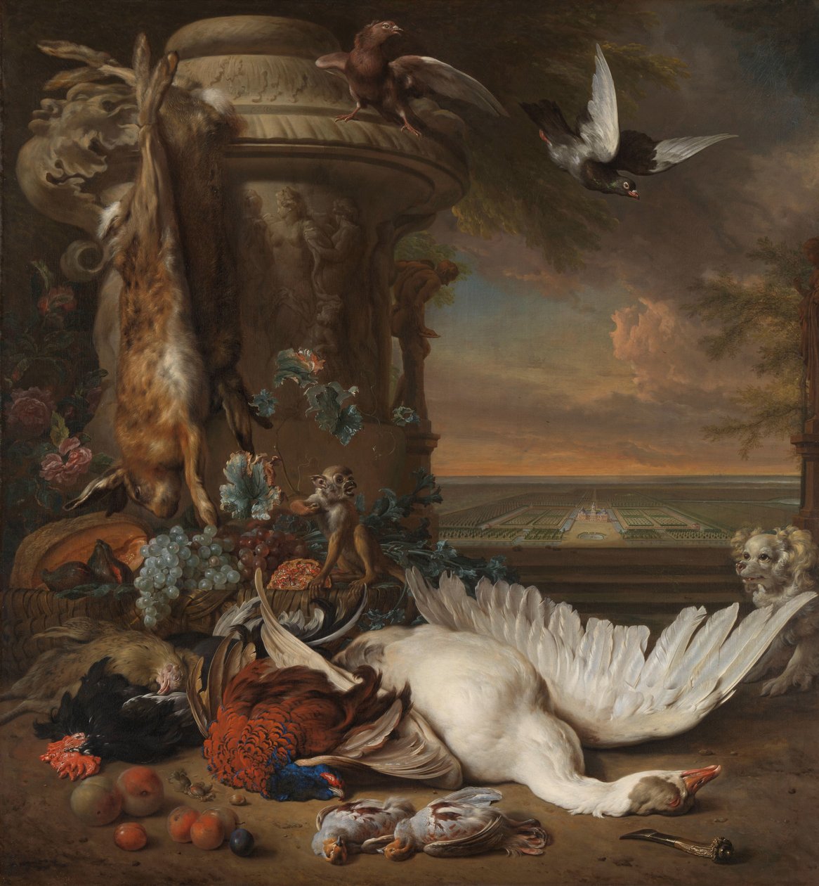 Jakt og fruktstilleben ved siden av en hagevase, med en ape, hund og to duer, i det fjerne Rijksdorp nær Wassenaar, sete til Jacob Emmery, baron av Wassenaar av Jan Baptist Weenix