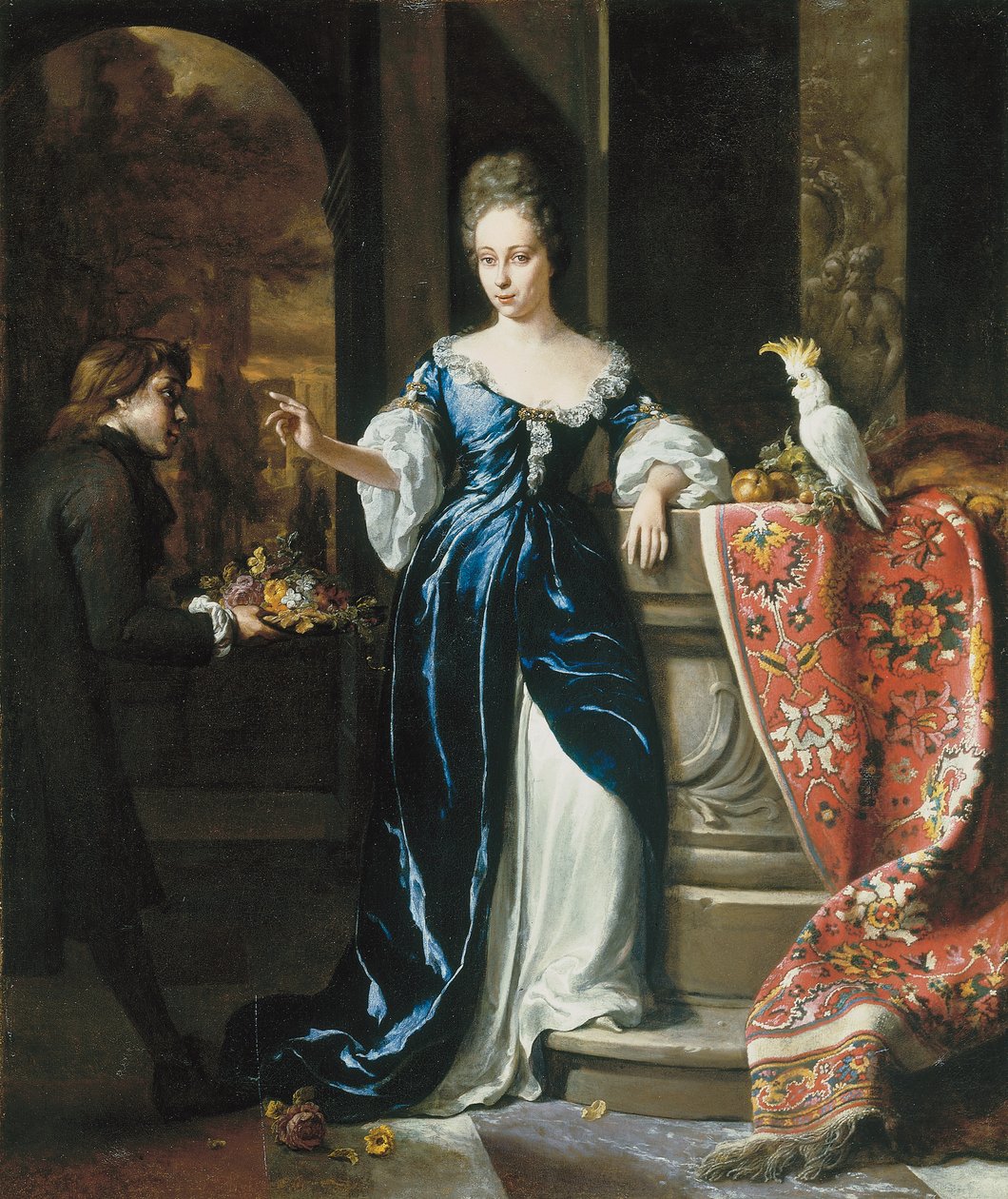 Portrett av Lodewina Schey i en blå kjole, med en ledsager som bærer blomster av Jan Baptist Weenix