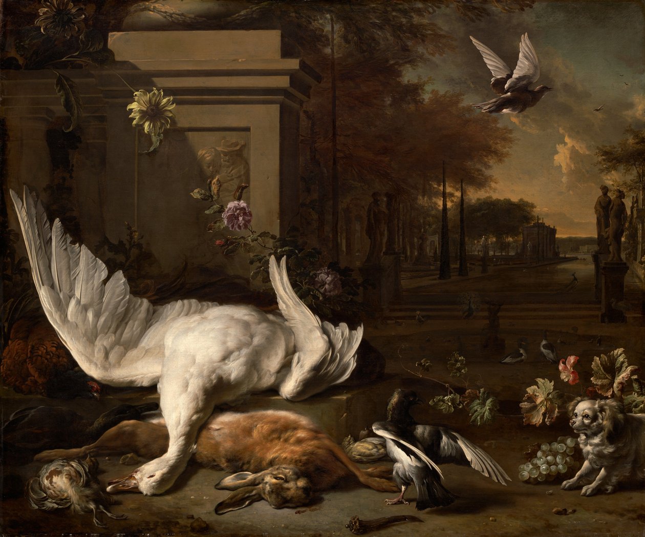 Stilleben med svane og vilt før et landsted av Jan Baptist Weenix