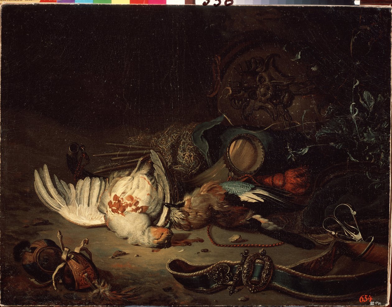 Jakttrofeer. Maleri av Jan Weenix den yngre (1642-1719). Olje på lerret, slutten av 1600-tallet - begynnelsen av 1700-tallet. Nederlandsk kunst, barokkstil. Statens friluftsmuseum Peterhof, St. Petersburg. av Jan Baptist Weenix