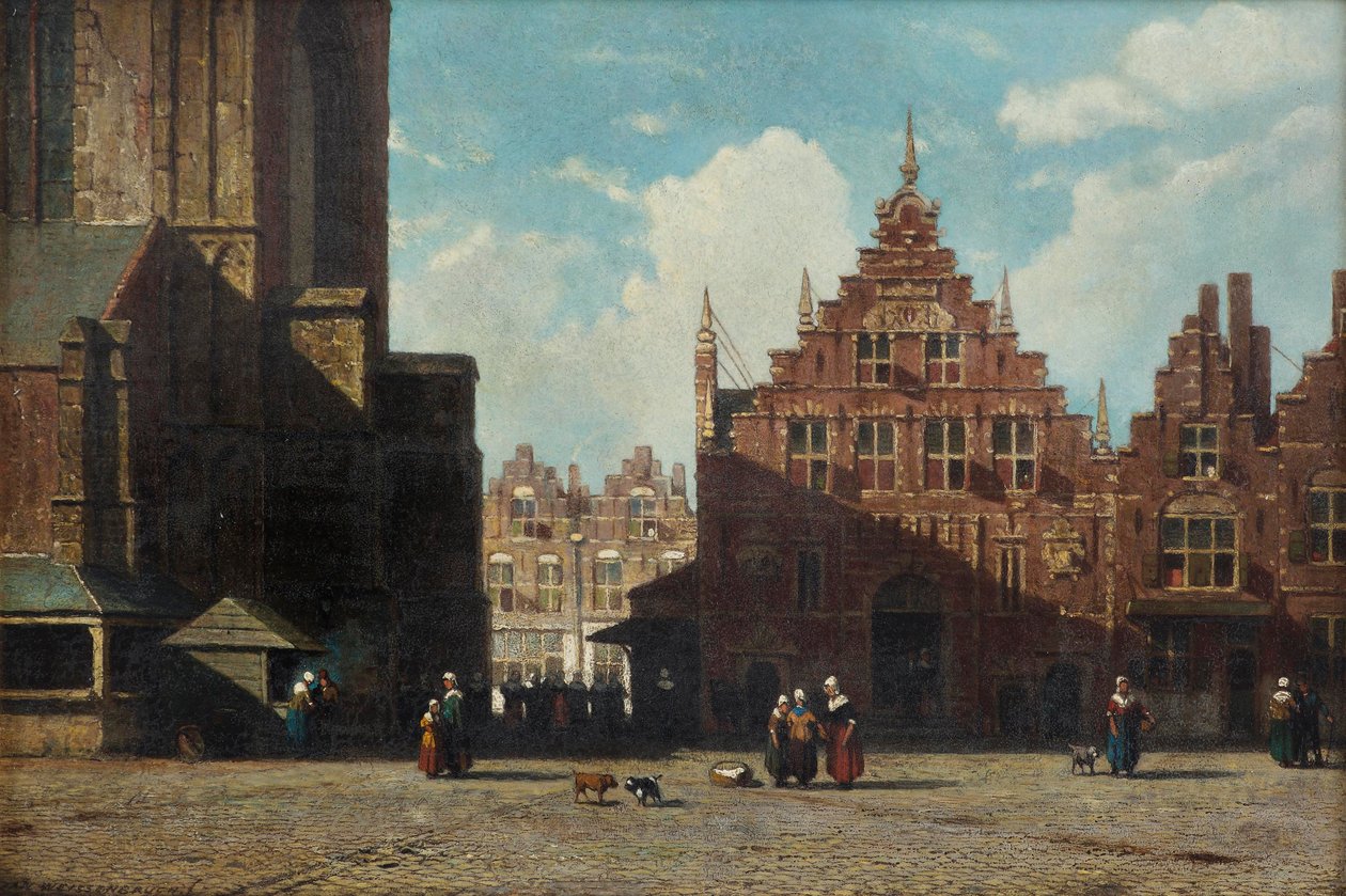 En solbelyst utsikt over Grote Markt med St. Bavo-kirken og Vleeshal, Haarlem (olje på panel) av Jan Weissenbruch