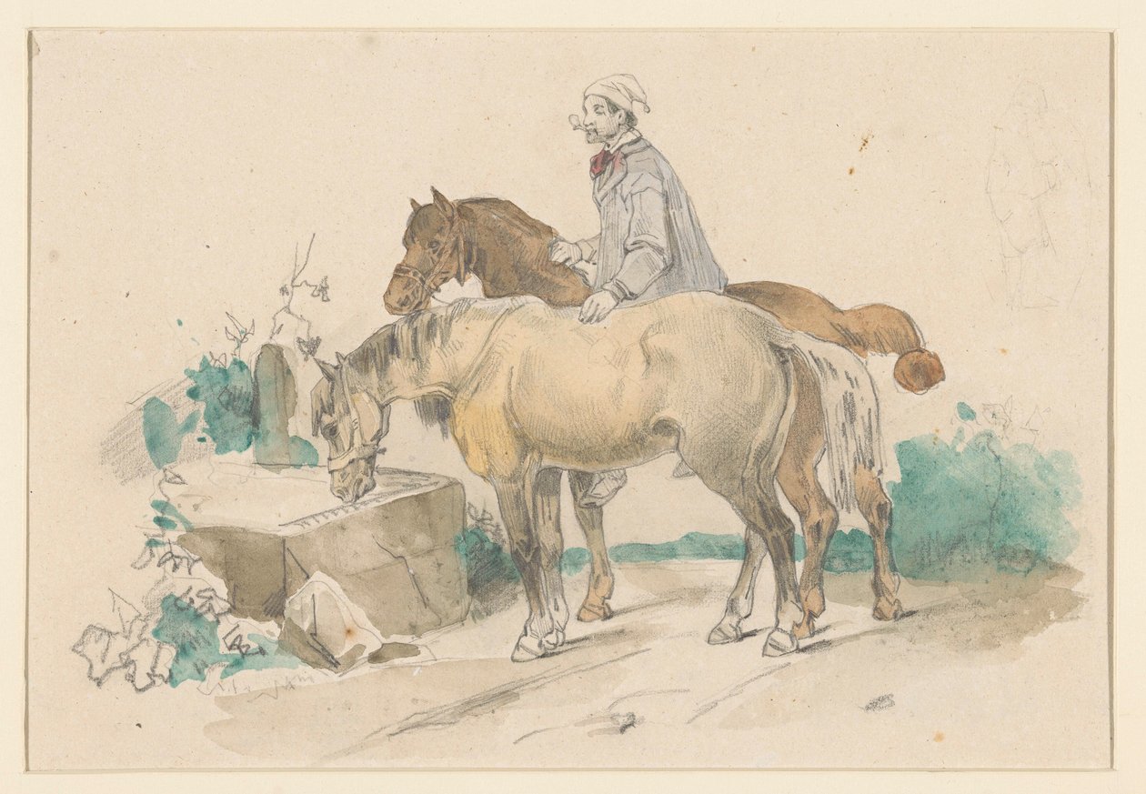 Bonde med to hester ved et trau med vann av Jan Weissenbruch