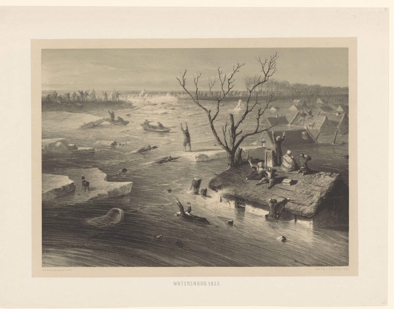 Dikebrudd og oversvømte gårder oversvømmelse. 1855 (tittel på objekt) av Jan Weissenbruch