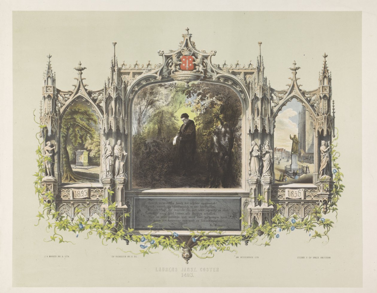 Minneplakett for Laurens Coster ved festlighetene rundt avdukingen av statuen i Haarlem, 1856 Laurens Jansz. Coster 1423 (tittel på objekt) av Jan Weissenbruch
