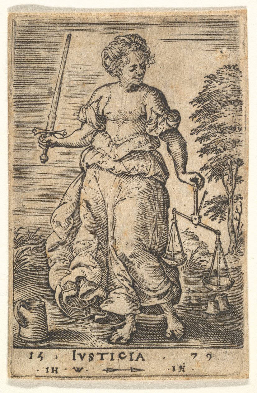 Justice, en allegorisk figur som holder en balanse i venstre hånd og et sverd i høyre..., 1579. av Jan Wierix