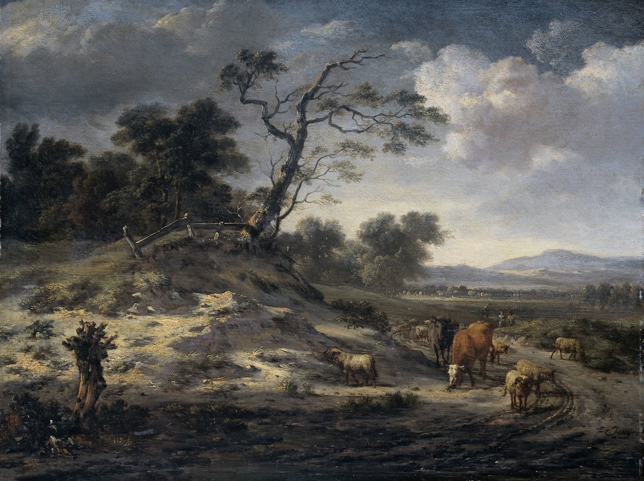 Landskap med storfe på en landevei av Jan Wijnants