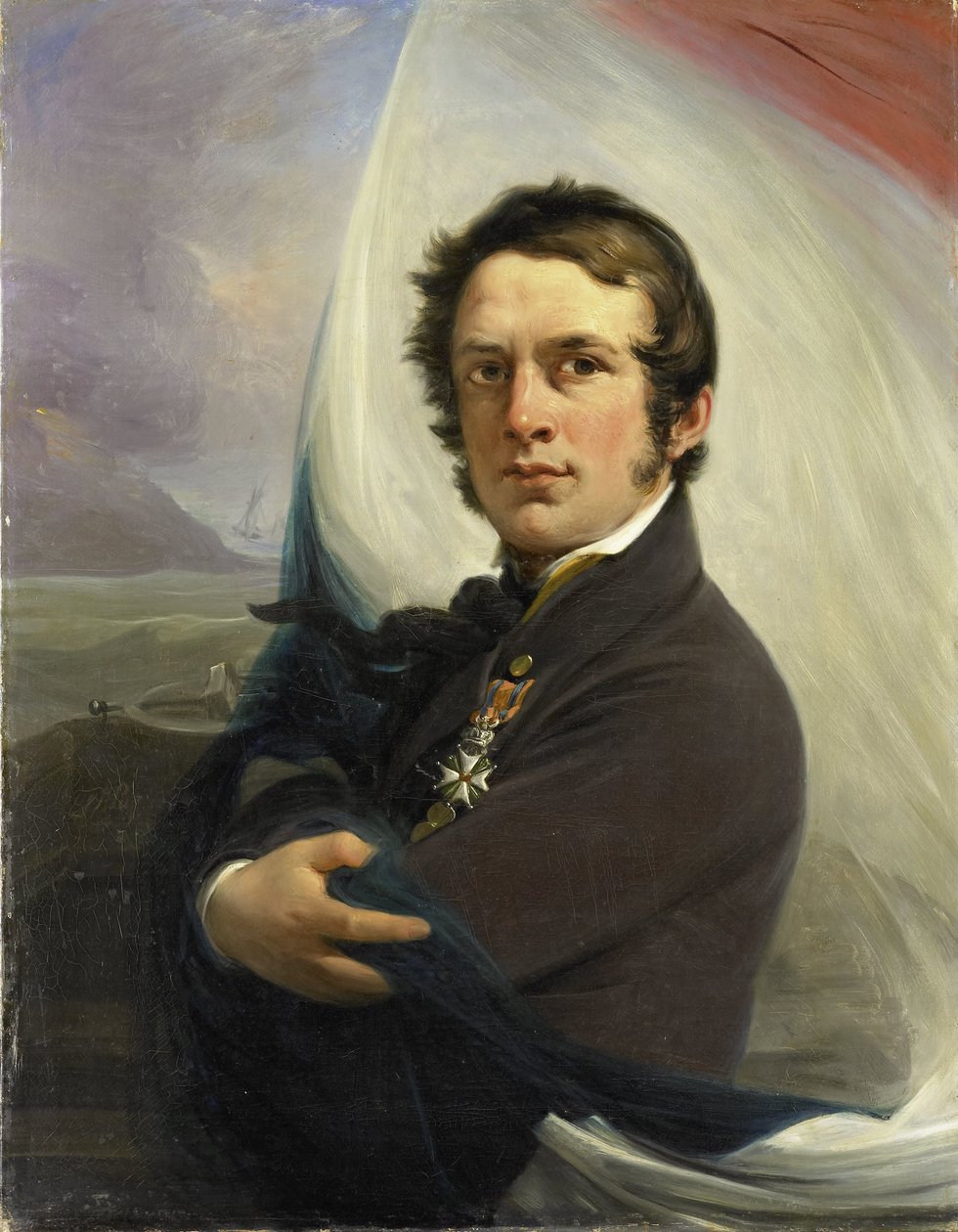 Portrett av Jacob Hobein, reddet det nederlandske flagget under fiendens ild, 18. mars 1831 av Jan Willem Pieneman (signed by artist)