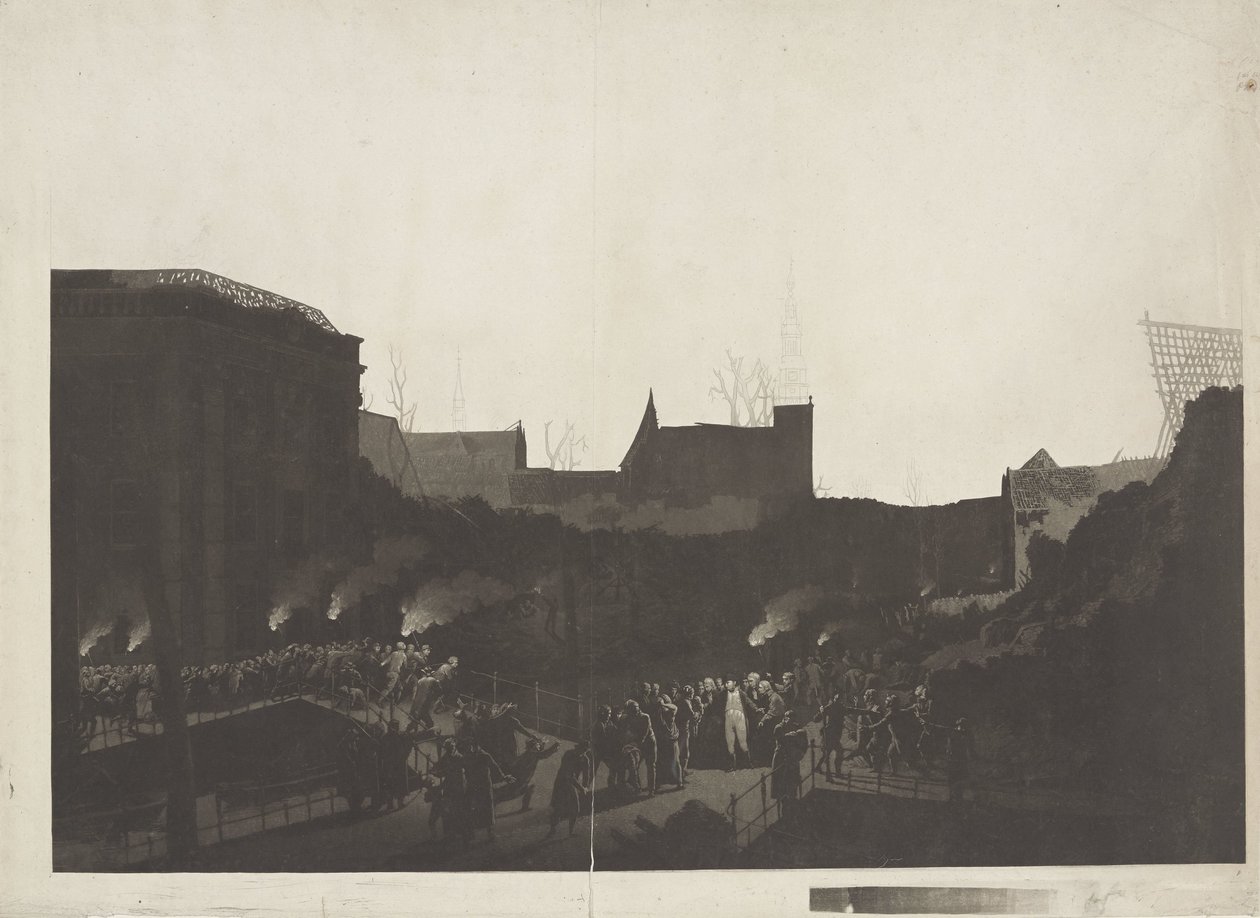 Lodewijk Napoleon besøker ruinene på Rapenburg i Leiden etter eksplosjonen av kruttskipet 12. januar 1807 av Jan Willem Pieneman