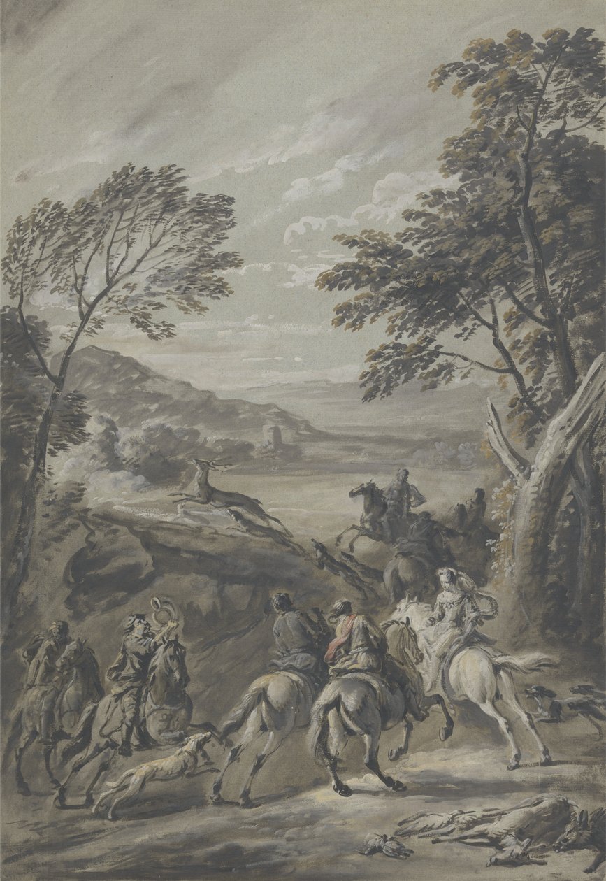 En Staghunt (brun vask med gouache i papir) av Jan Wyck