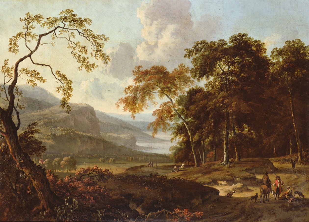 Et jaktparti i et klassisk landskap, ca. 1672-77 av Jan Wiynants