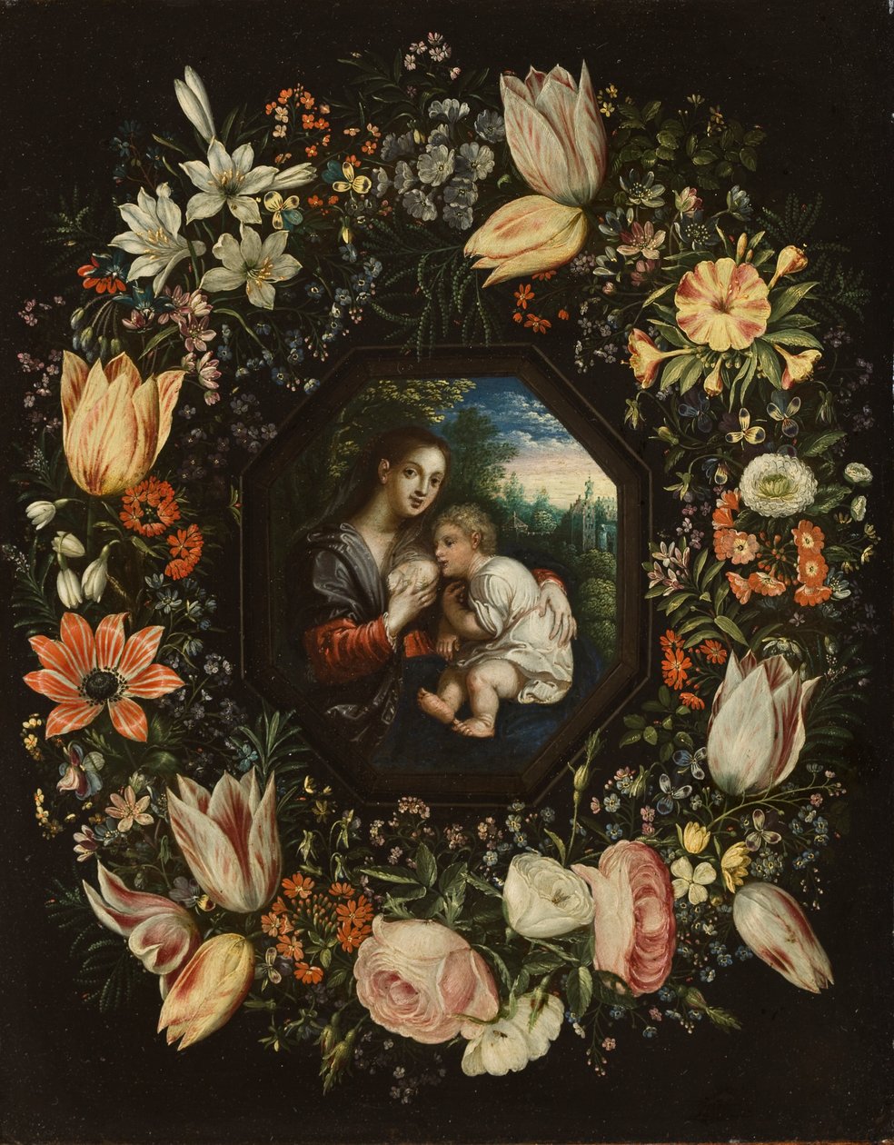 Madonna og barn i en krans av blomster, ca. 1625 (olje på kobber) av Jan and Balen, Hendrik van Brueghel